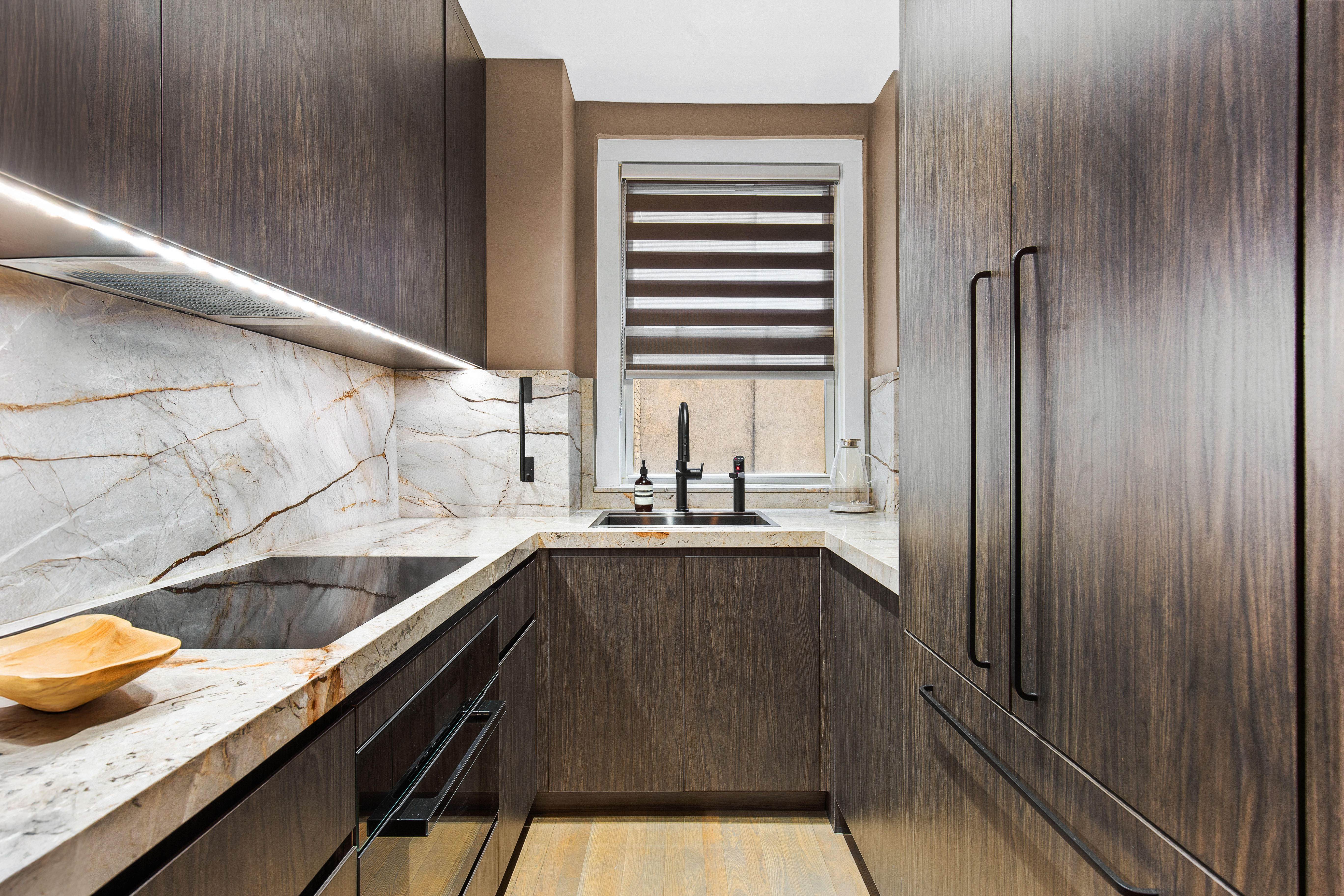 Kitchen — dark walnut, gold marble